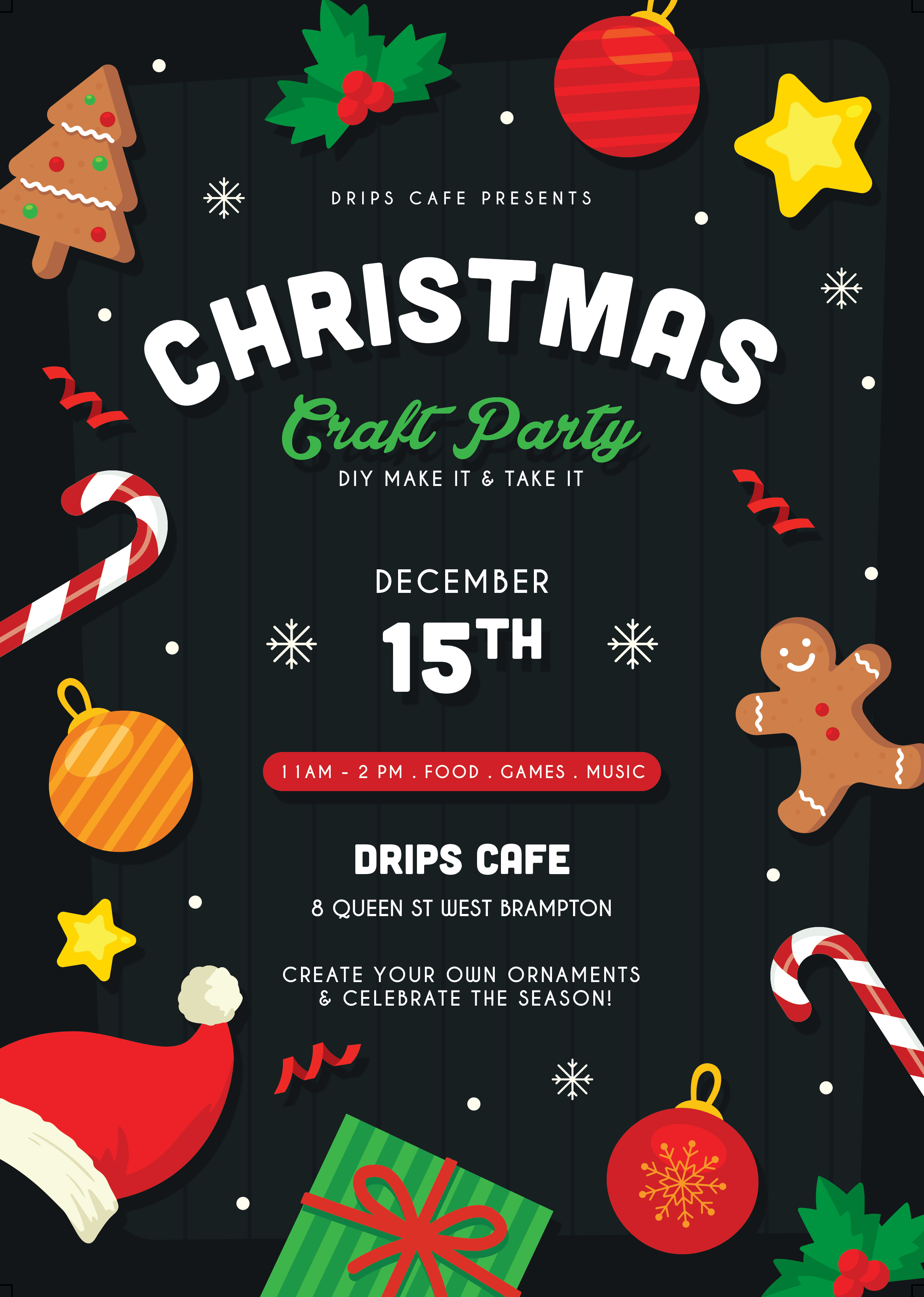 Christmas Craft Party flyer from Drips Cafe
