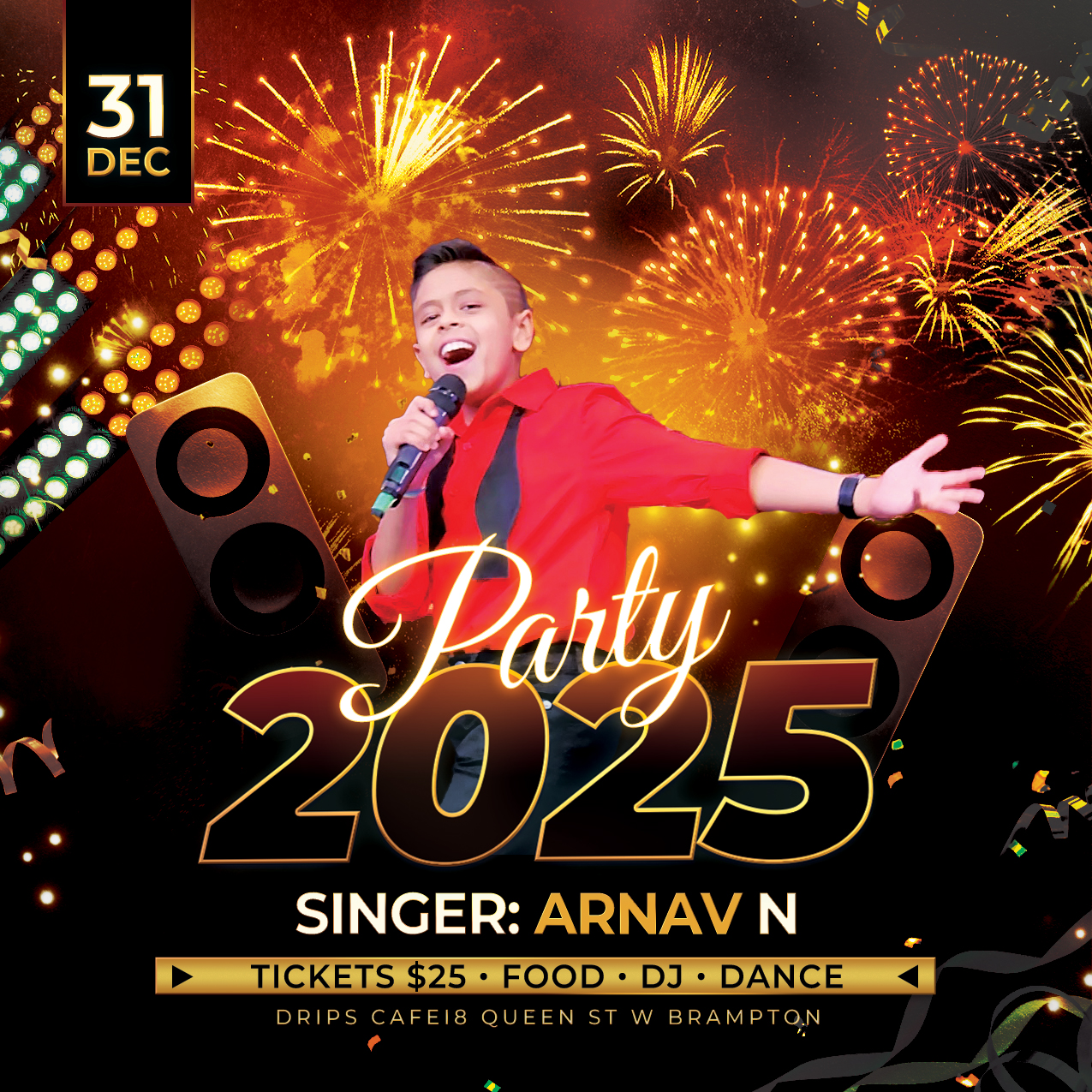 New Year Party 2025 flyer from Drips Cafe
