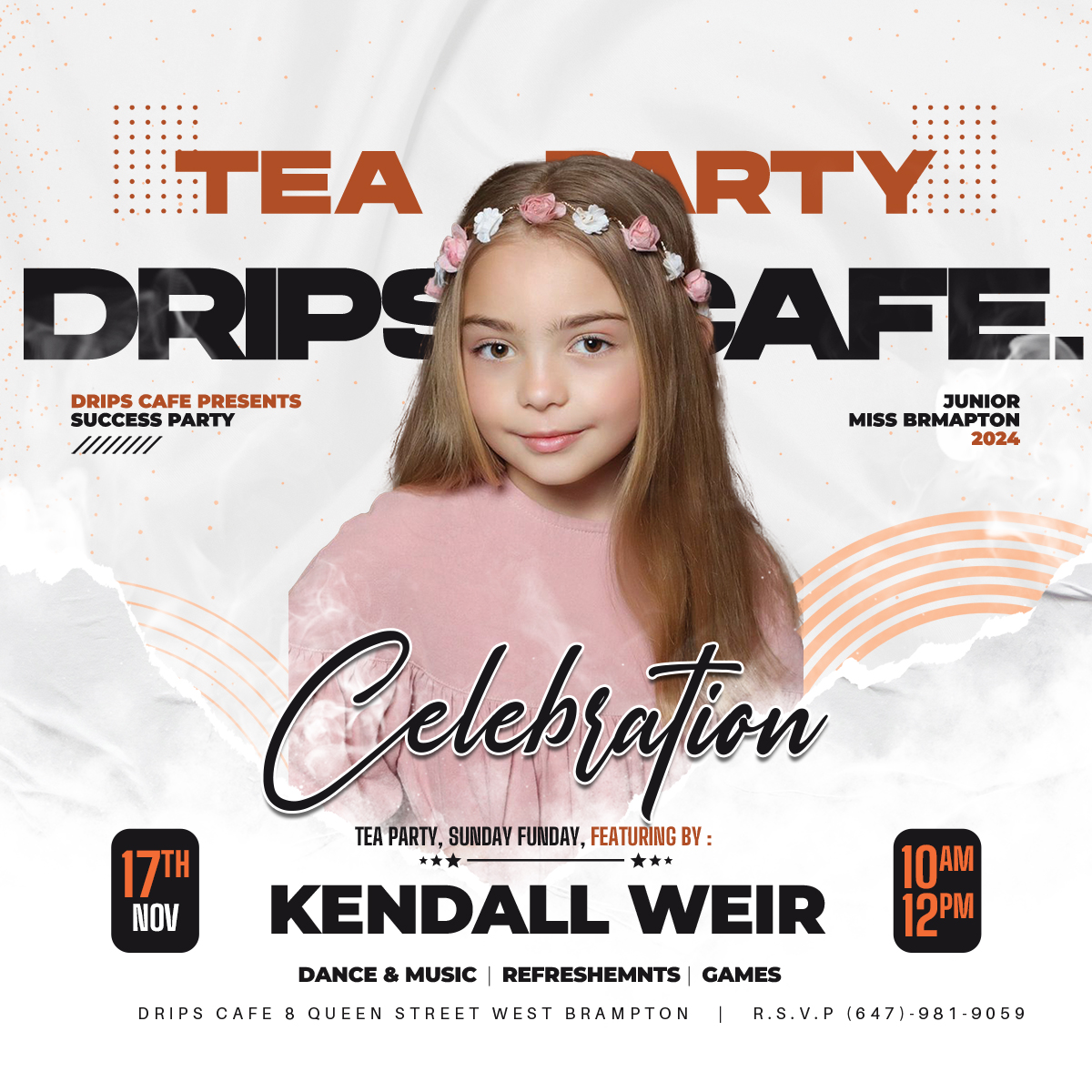 Tea Party Celebration flyer for a Drips Cafe success party event