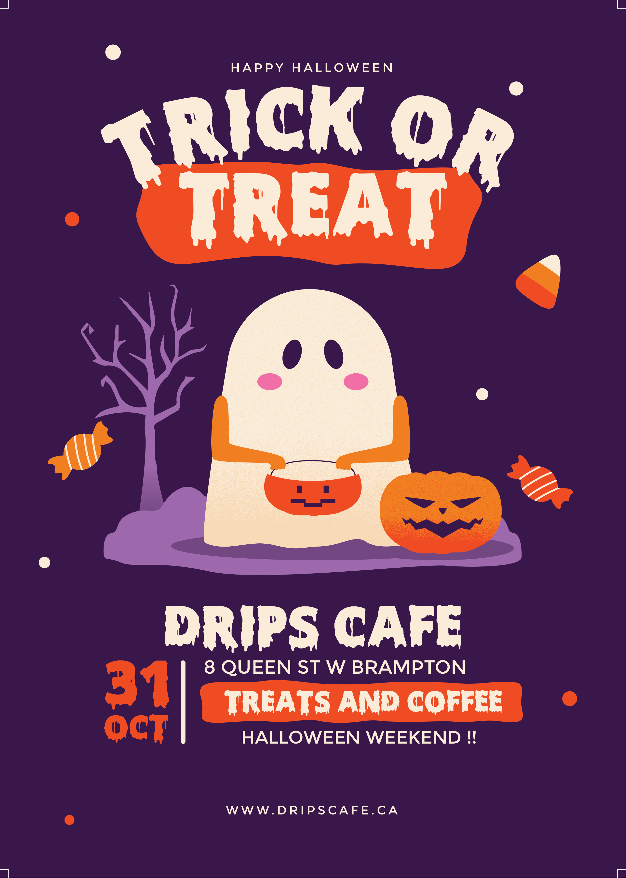 Halloween Trick Or Treat flyer from Drips Cafe